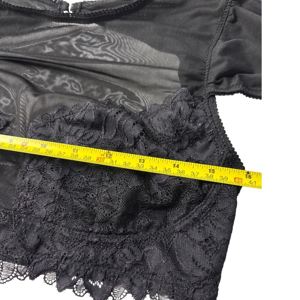 Black Lace Mesh Crop Top Short Puff Sleeve Hook Back Bralette Top - Picture 6 of 8